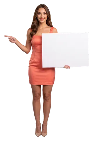 A woman pointing to the left and holding a board: Free parking at both