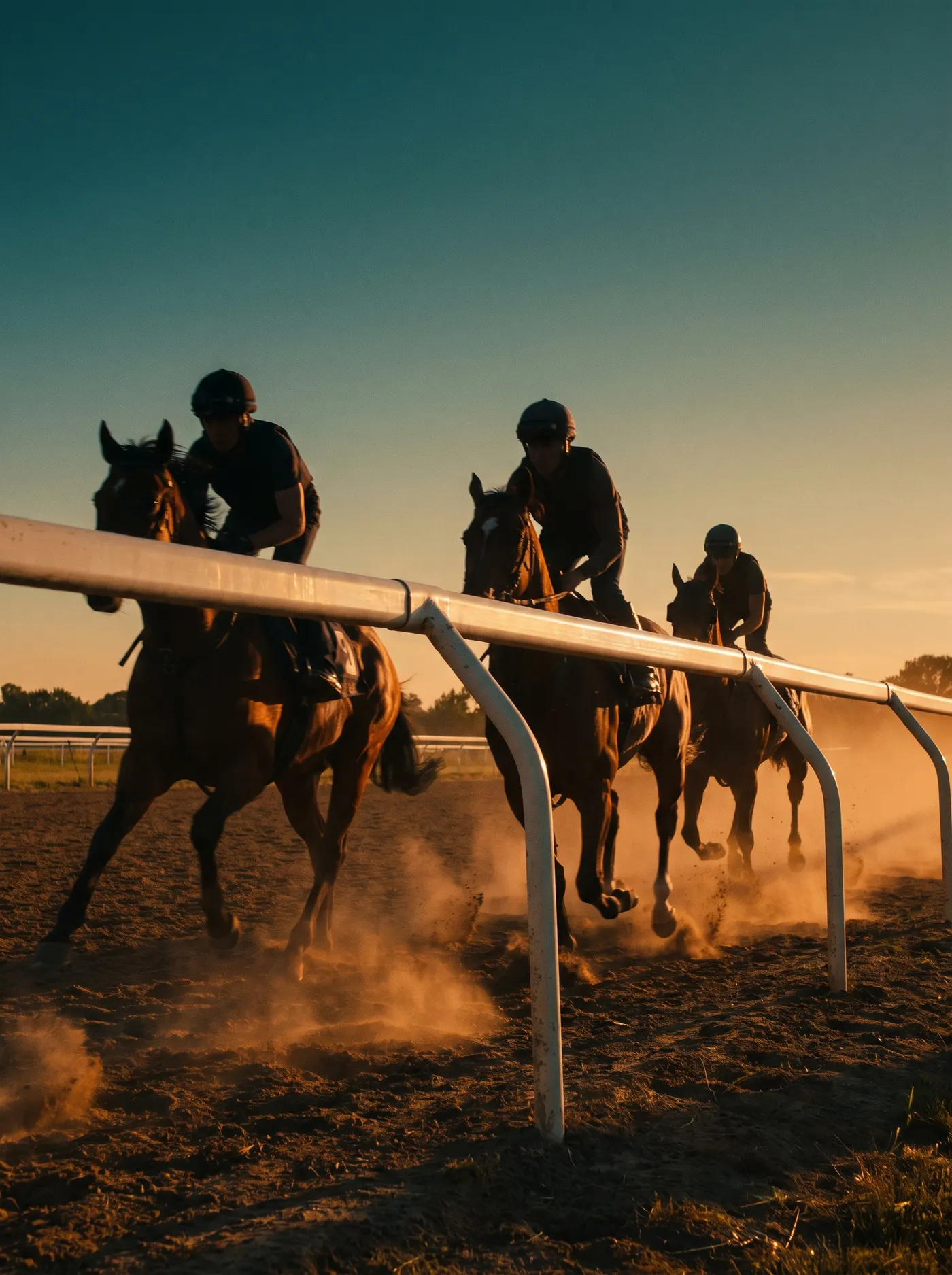 Horses and riders galloping on a dirt track at sunset