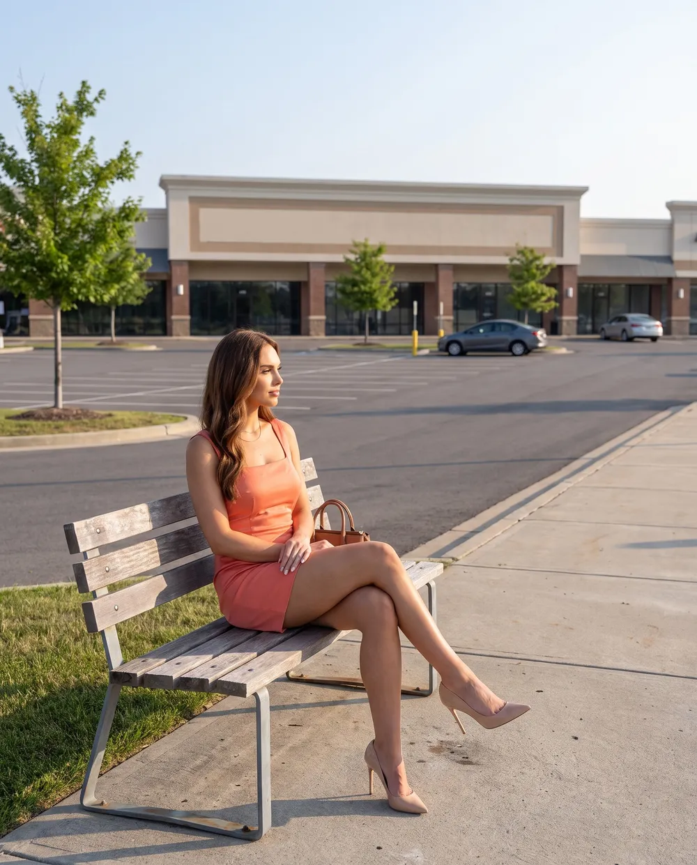 Bench at a quiet plaza parking lot in the morning