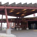 The timber-and-steel entrance canopy of Casino Ajax