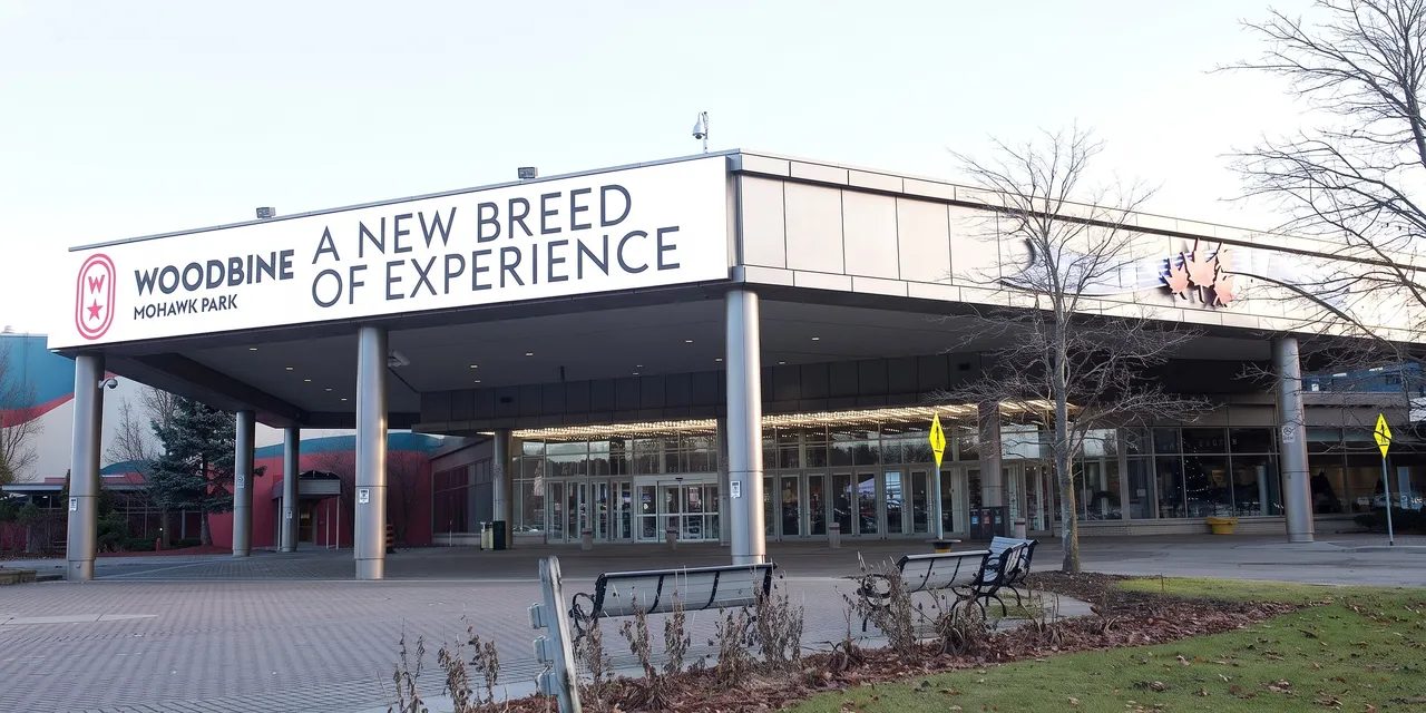 The entrance canopy of Woodbine Mohawk Park in Campbellville, the racetrack that houses Elements Casino Mohawk, with benches on the plaza